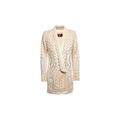 BALMAIN BEIGE CRYSTALS & PEARLS EMBELLISHED SHAWL LAPEL BLAZER 